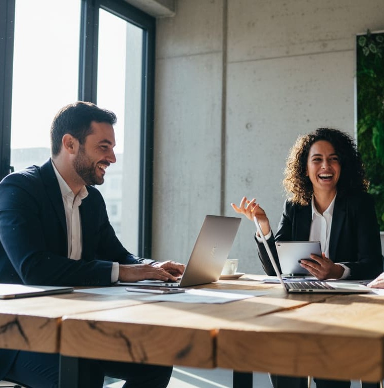 Equipo profesional de FCS Soluciones reunido en una mesa de trabajo, colaborando y sonriendo en un entorno de oficina moderno.
